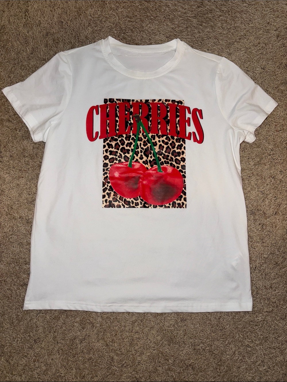 White Womens T‑Shirt with Red Cherries Graphic